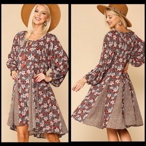 Gigio Floral and Animal Print Orange and Cream Peasant Dress Size Large